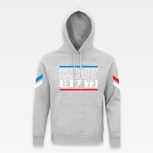 Sweat à capuche iziboy gris 1973 avec inscription bleu turquoise, blanche et bleu