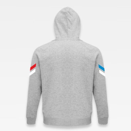 Sweat à capuche iziboy gris 1973 avec inscription bleu turquoise, blanche et bleu vu de dos