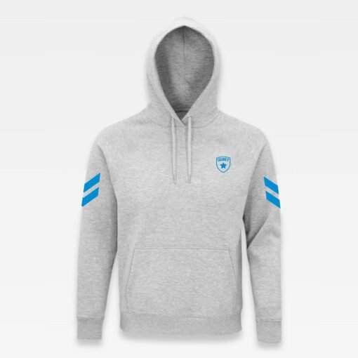 devant du sweat à capuche iziboy gris avec inscription turquoise dans le dos