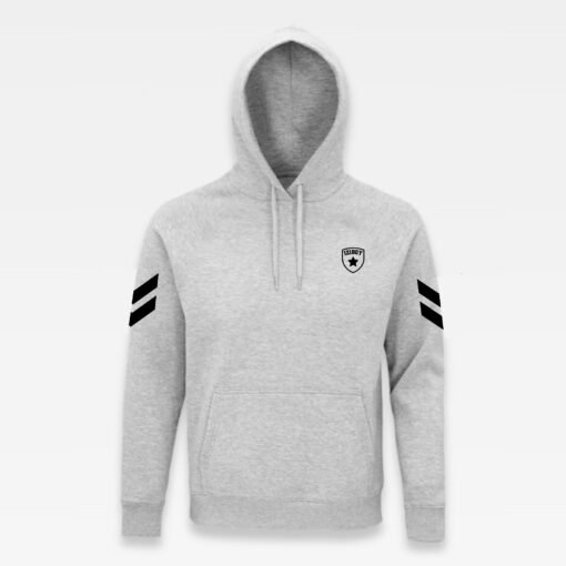 devant du sweat à capuche iziboy gris avec inscription rnoire dans le dos