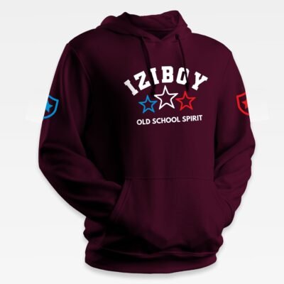 Sweat à capuche iziboy bordeaux old school avec inscription bleu turquoise, blanche et bleu vue agrandie