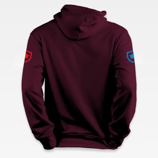 Sweat à capuche iziboy bordeaux old school avec inscription bleu turquoise, blanche et bleu vu de dos