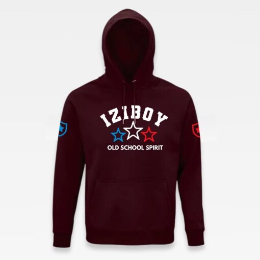 Sweat à capuche iziboy bordeaux old school avec inscription bleu turquoise, blanche et bleu