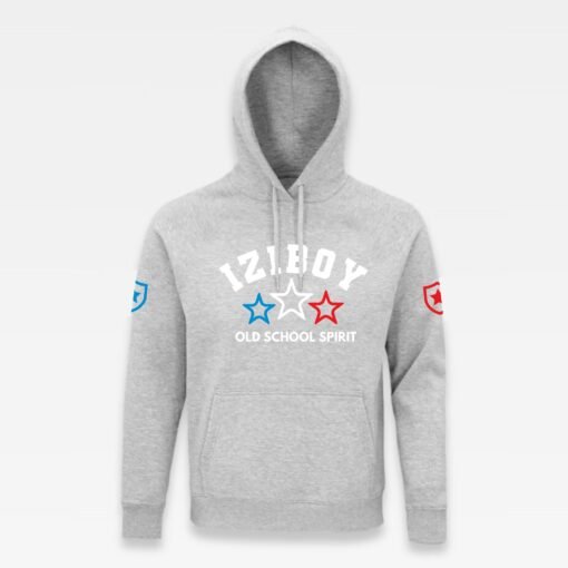 Sweat à capuche iziboy gris old school avec inscription bleu turquoise, blanche et bleu