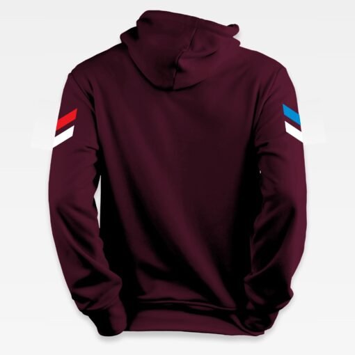 Sweat à capuche iziboy bordeaux streetwear avec inscription bleu turquoise et blanche et rouge vu de dos