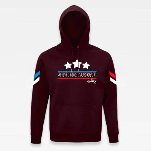 autre vue du Sweat à capuche iziboy bordeaux streetwear avec inscription bleu turquoise et blanche et rouge