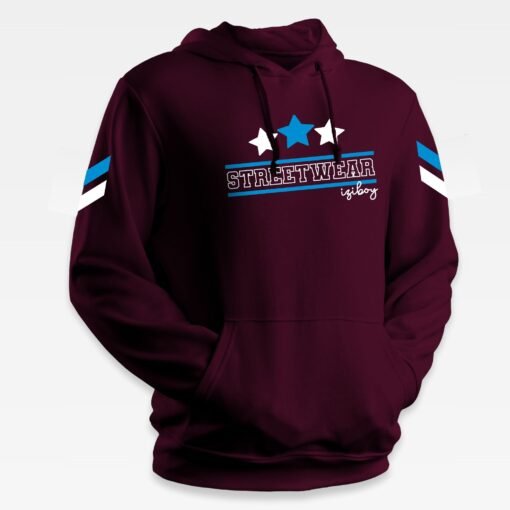 zoom du Sweat à capuche iziboy bordeaux streetwear avec inscription bleu turquoise et blanche