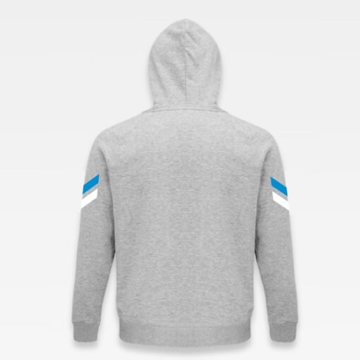 Sweat à capuche iziboy gris streetwear avec inscription bleu turquoise et blanche vu de dos