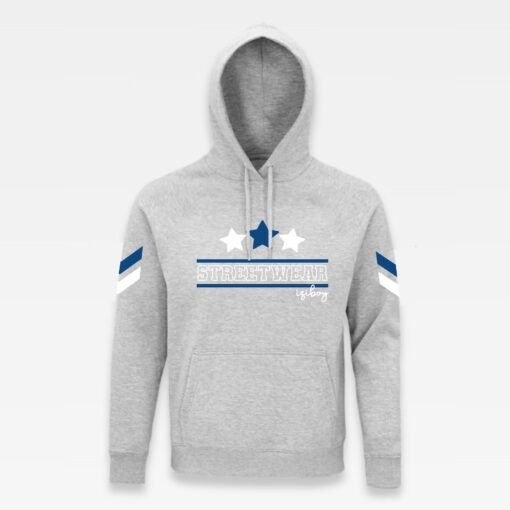 Sweat à capuche iziboy gris streetwear avec inscription bleu marine et blanche