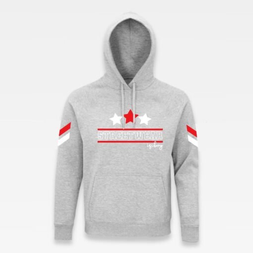 Sweat à capuche iziboy gris streetwear avec inscription blanche et rouge