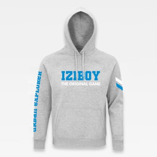 Sweat à capuche iziboy gris avec inscription bleu turquoise sur la manche et devant