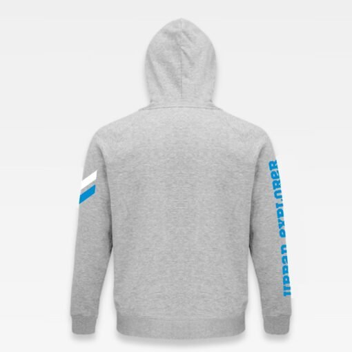 dos du Sweat à capuche iziboy gris avec inscription bleu turquoise sur la manche et devant