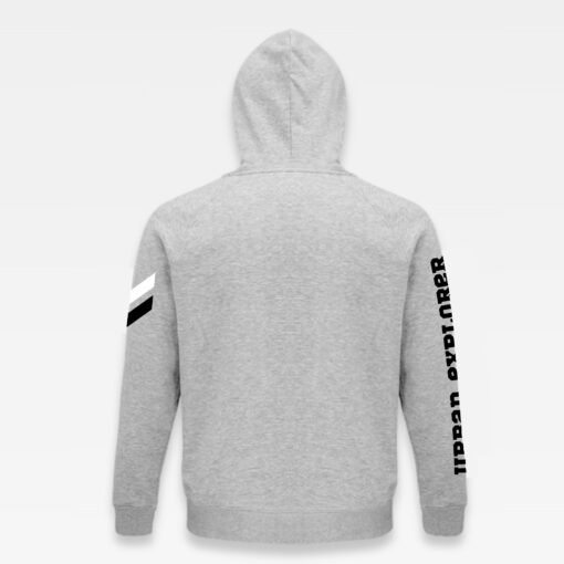 dos du sweat à capuche iziboy gris avec inscription noire sur la manche
